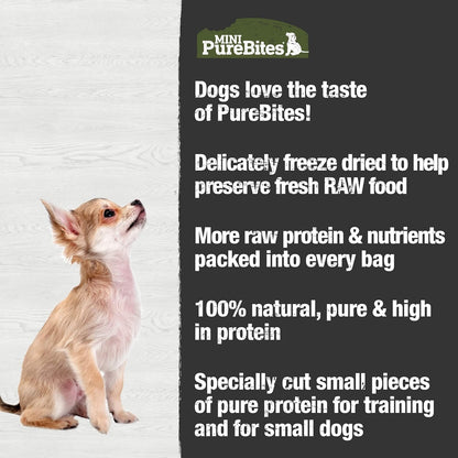 PureBites three ounce bag of mini beef liver treats showing low calorie training reward details
