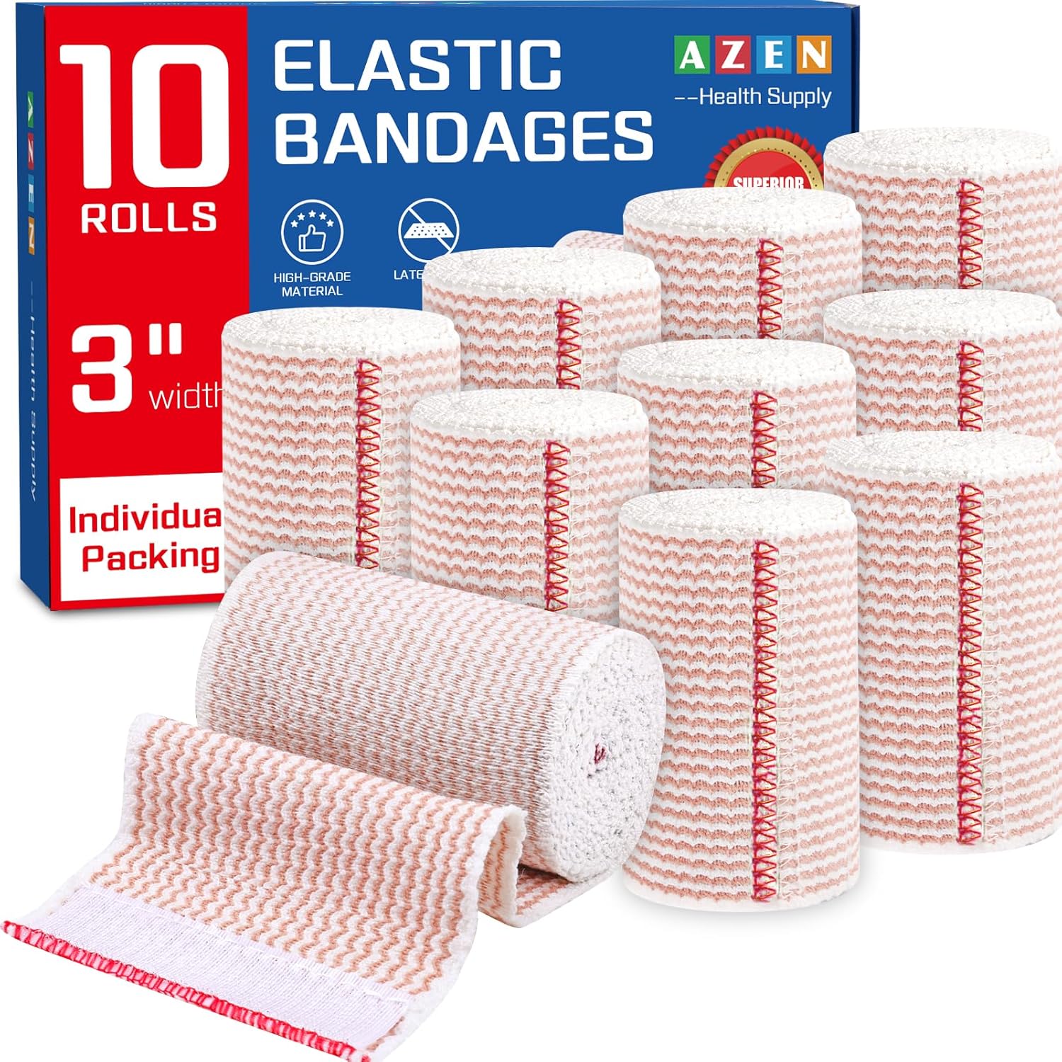AZEN Premium Elastic Bandage Wrap 10 Pack front view showing 3 inch rolls.