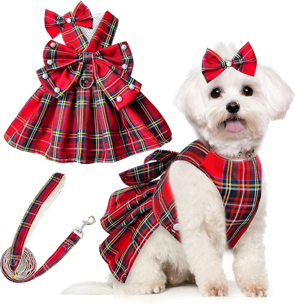 PETCARE Cute Dog Dress Clothes for Small Dogs Cats Girl Female Purple Plaid Bow Tie Dog Harness Dresses Leash Set with Pearls Bow Accessories Birthday Puppy Dress Shih Tzu Yorkies Chihuahua Outfits - Image 11