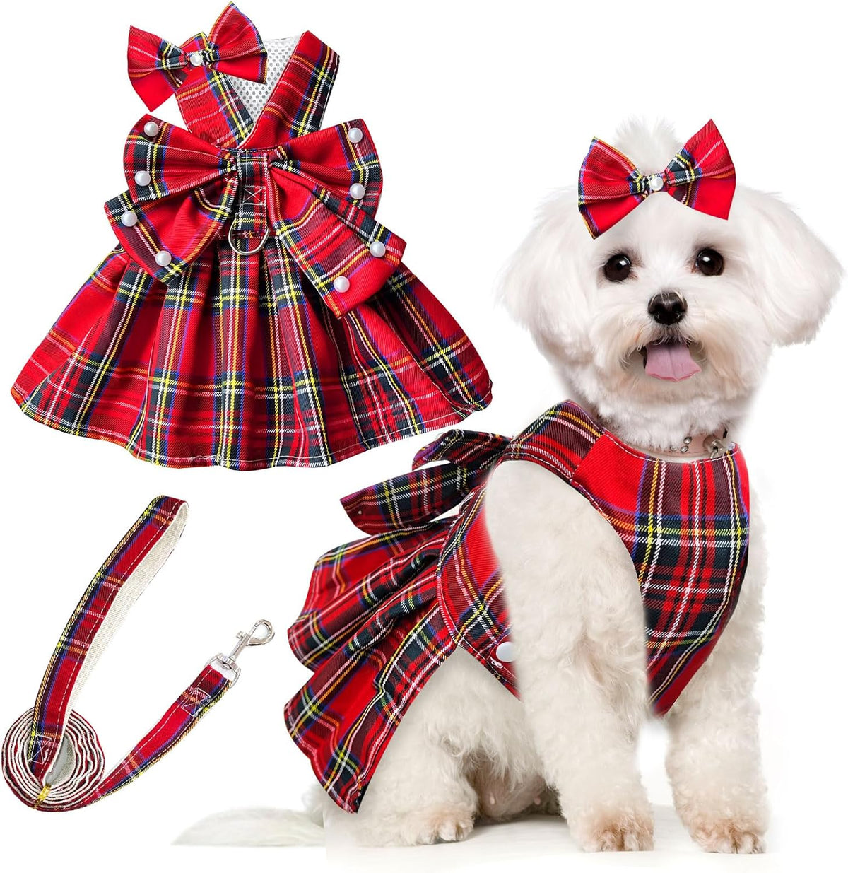 PETCARE Cute Dog Dress Clothes for Small Dogs Cats Girl Female Purple Plaid Bow Tie Dog Harness Dresses Leash Set with Pearls Bow Accessories Birthday Puppy Dress Shih Tzu Yorkies Chihuahua Outfits - Image 11