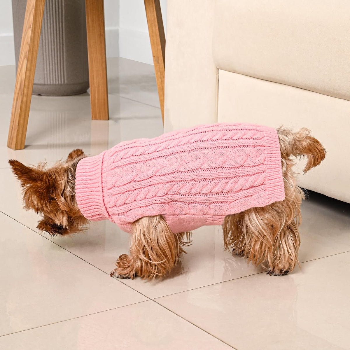 Lorehelina pink cable knit turtleneck pullover for small dogs side view