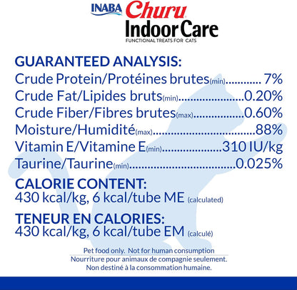 Close up of Inaba Churu packaging showing hairball control benefits