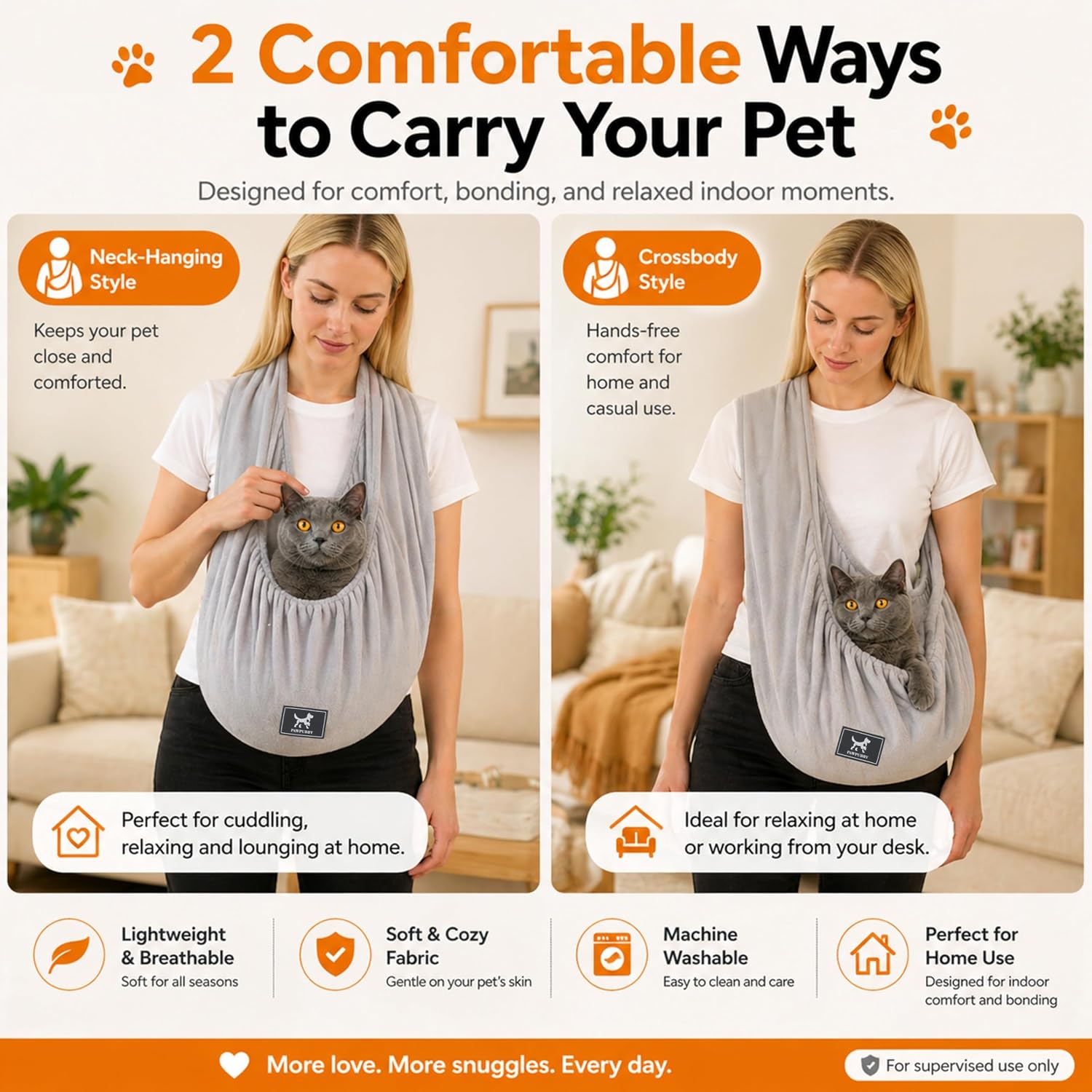 Small cat securely inside the medium size gray pet carrier