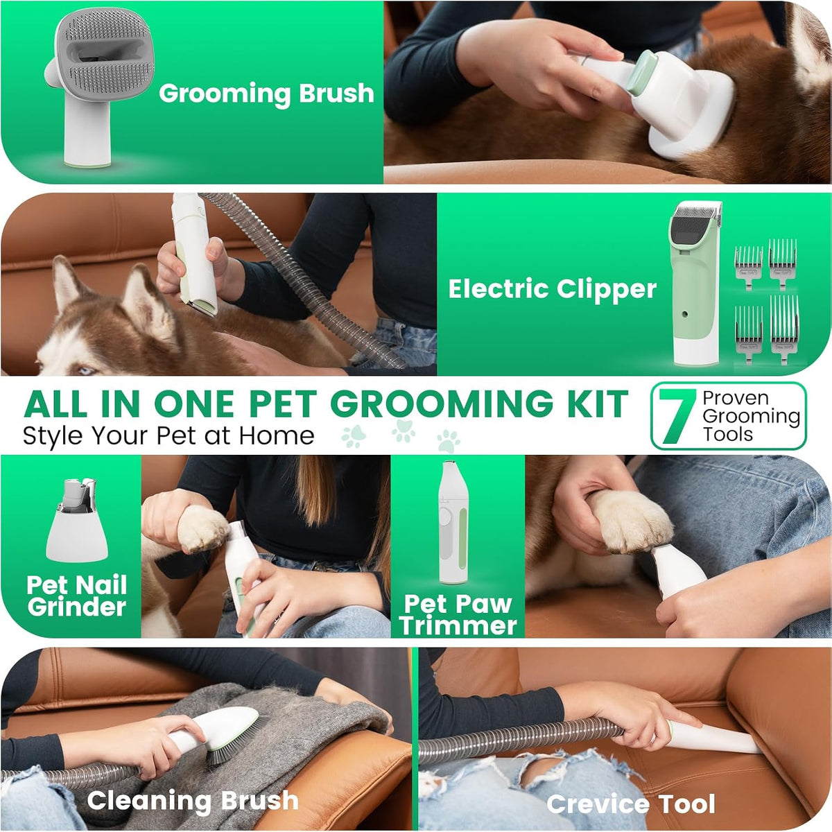 FIXR pet grooming kit with electric clipper and various attachments spread out for home pet care.