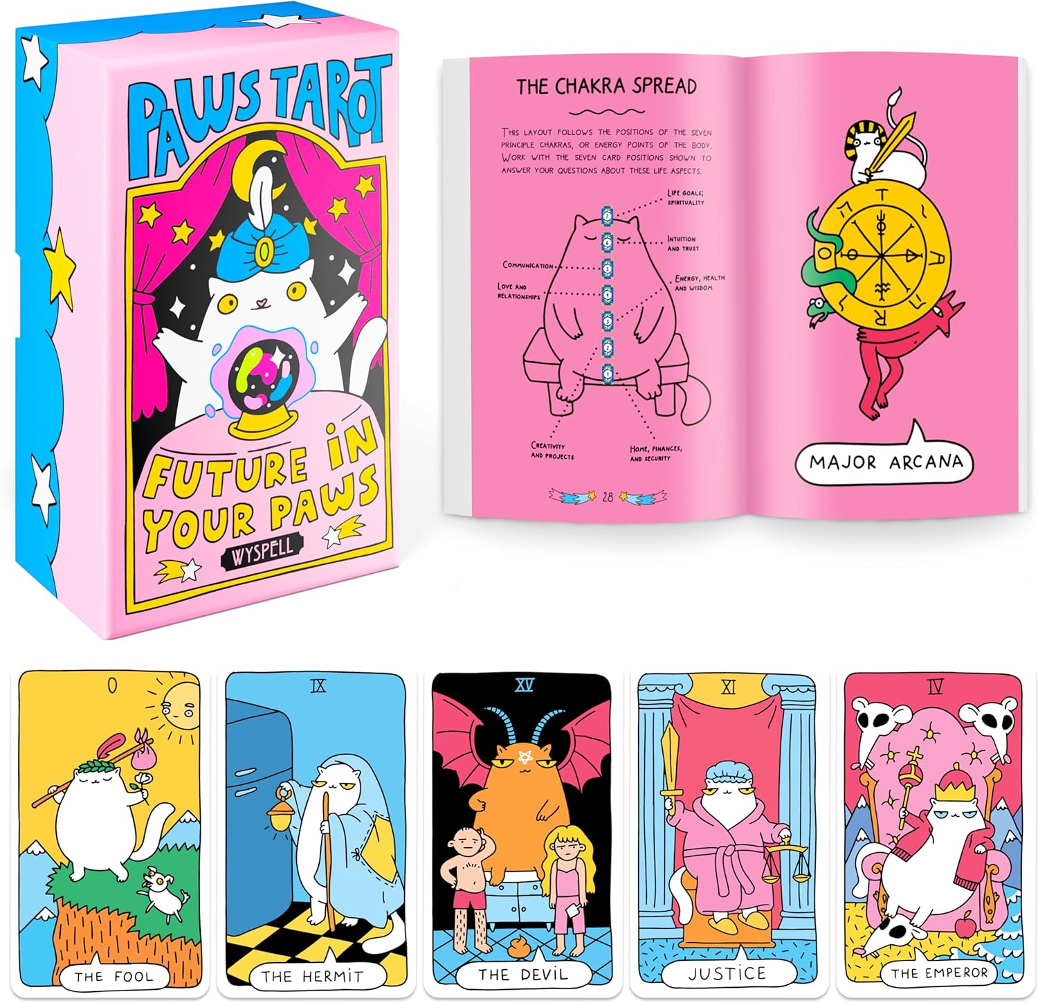 Wyspell Cat Tarot deck with guidebook front view