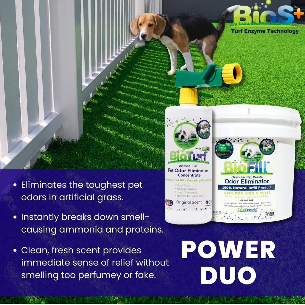 Enzyme turf cleaner applied to outdoor synthetic grass pet run for ammonia removal.