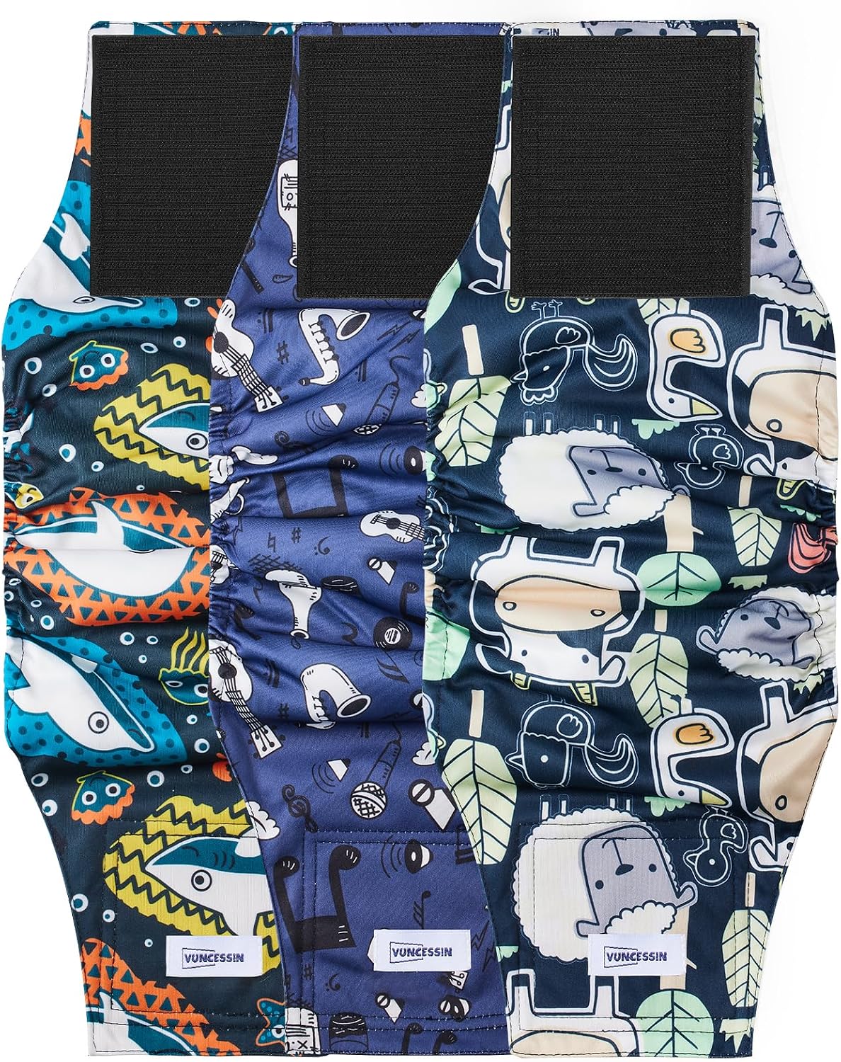 Vuncessin premium dog incontinence bands packaged together highlighting fabric quality and precision stitching