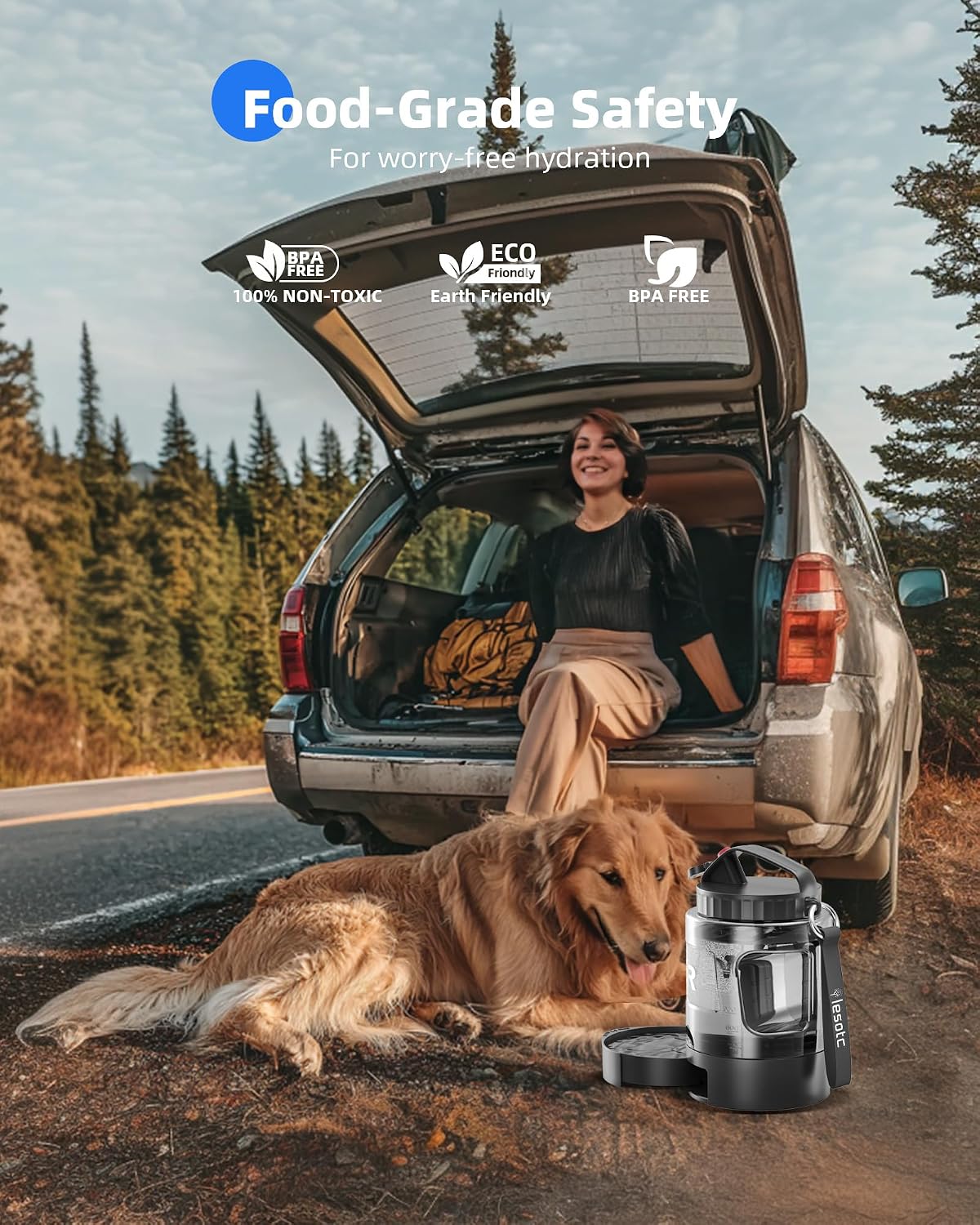 Lesotc travel dog water bottle showing the integrated fluid capacity markers on the side