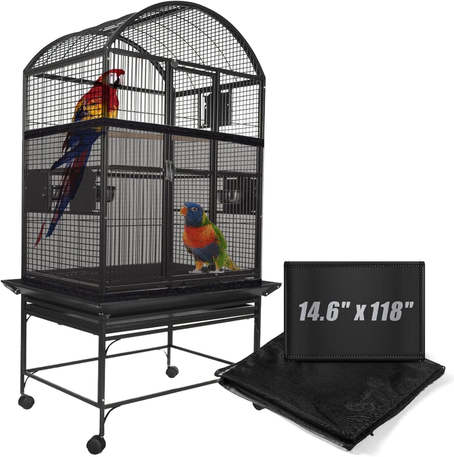 KFPPLXQ bird cage netting seed catcher front view black mesh skirt for indoor pet bird habitats.