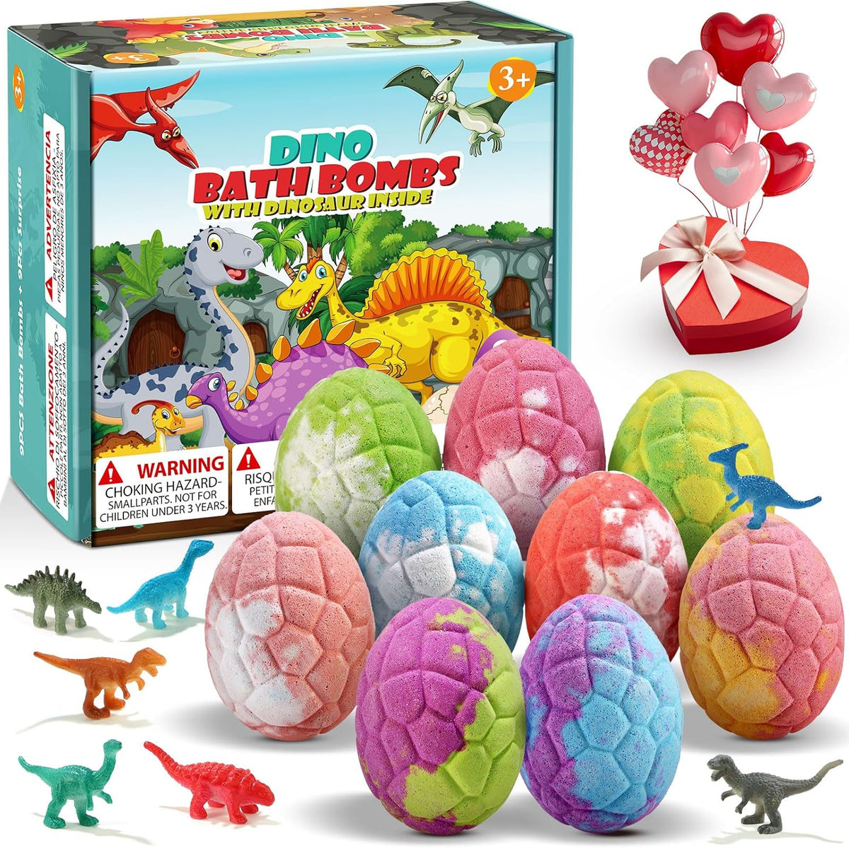 Qivatex dinosaur bath bombs front view of the 9 count gift set packaging