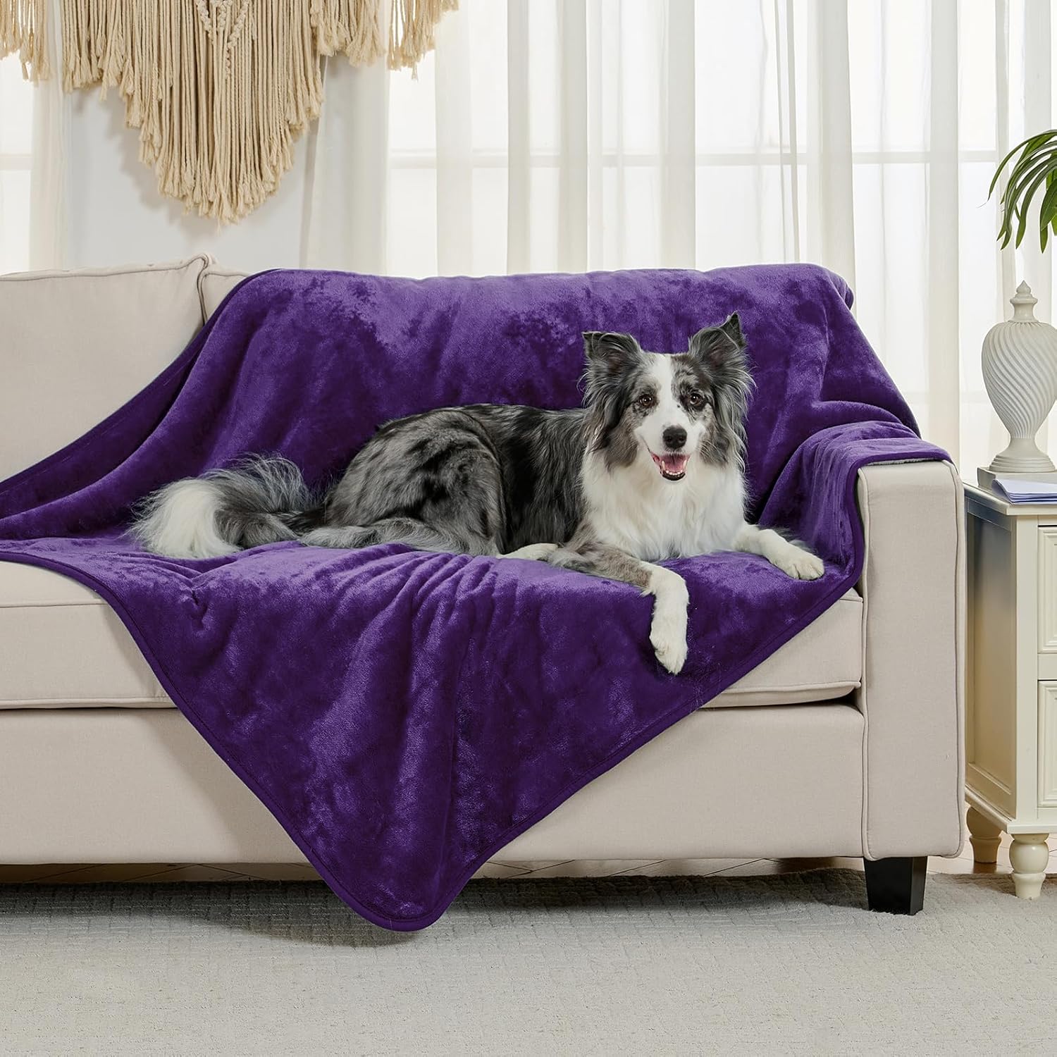 Yaning liquid proof dog blanket folded on a living room sofa