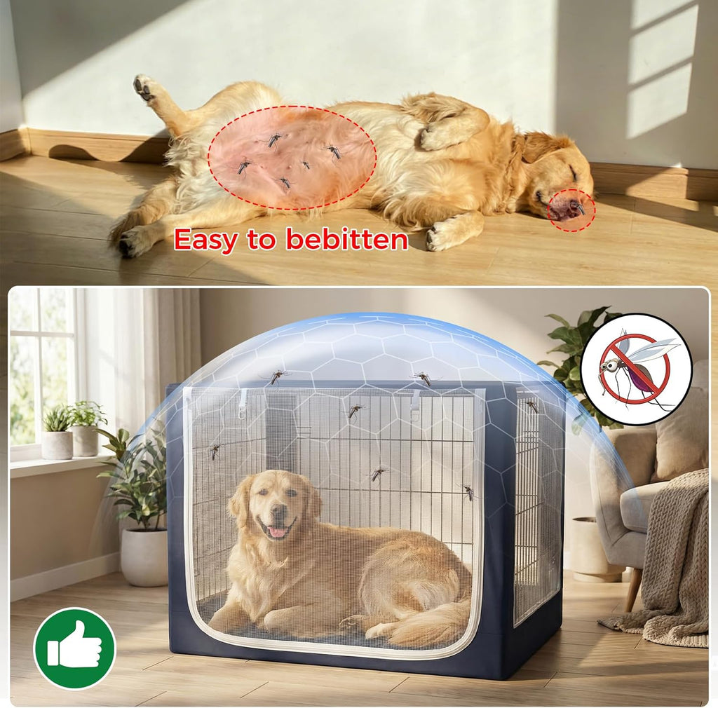 Incycall navy blue dog crate mesh cover with front door rolled up using top hook