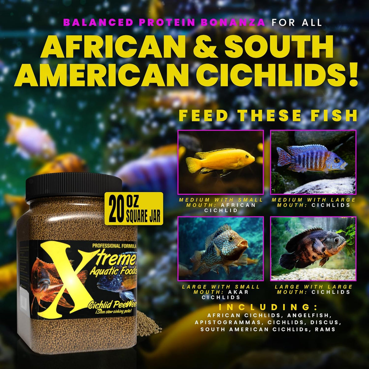 Xtreme Aquatic Foods Cichlid Peewee 20 Ounce container back label ingredients view