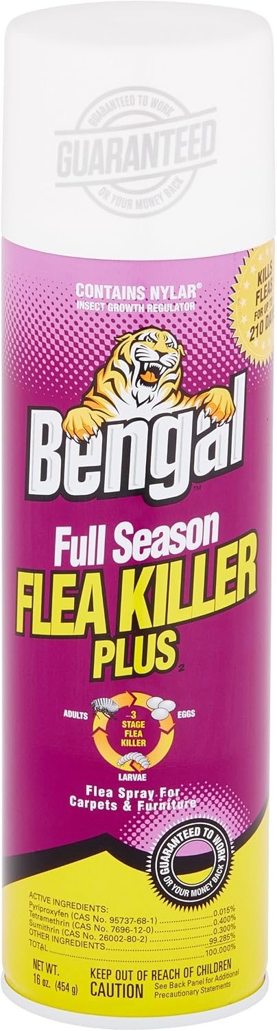 Bengal flea and tick killer spray canister highlighting the three stage life cycle protection formula.