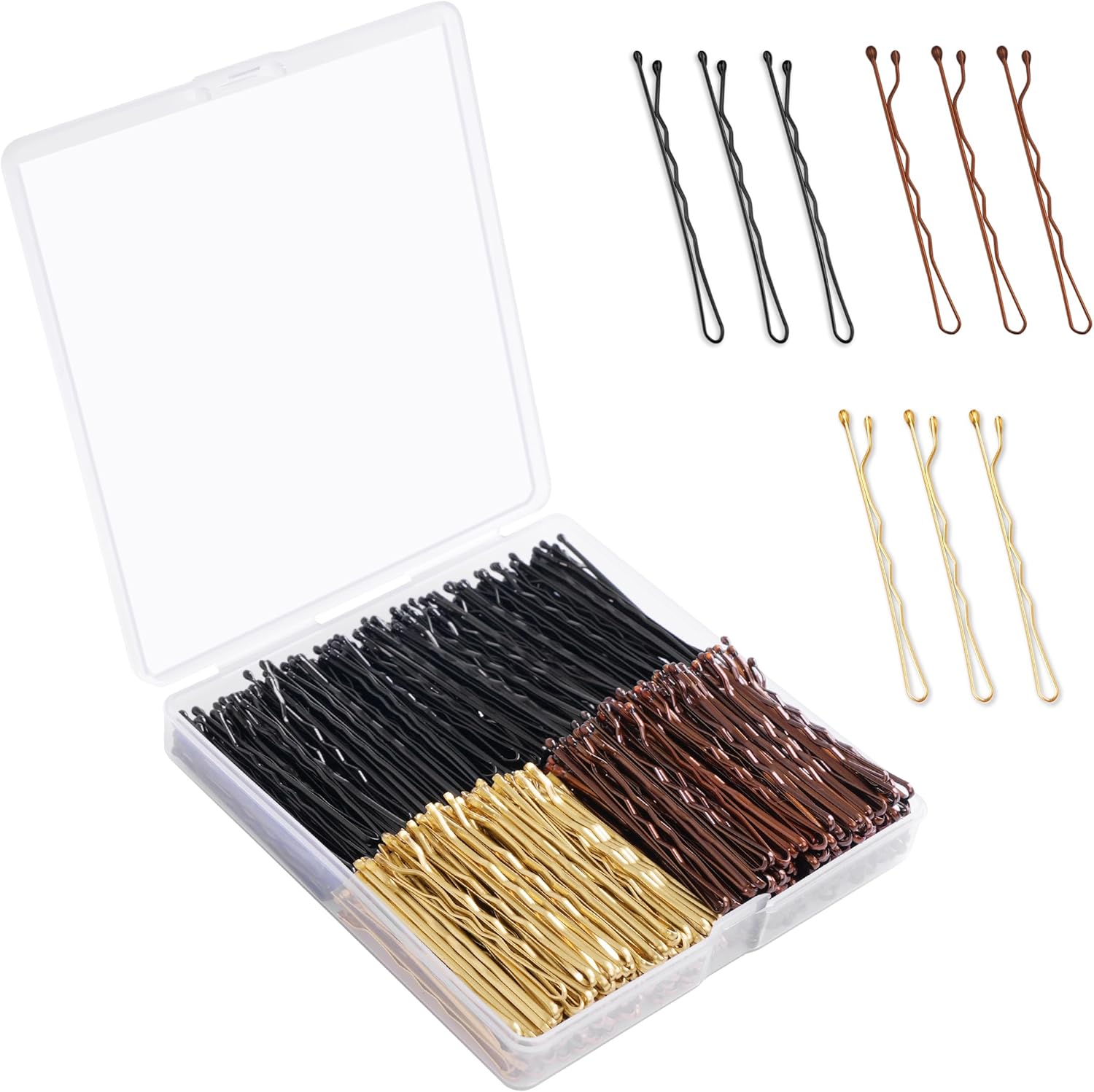 DF DUALFERV bobby pins 360 piece hair styling kit front view showing clear storage box filled with black brown and gold pins