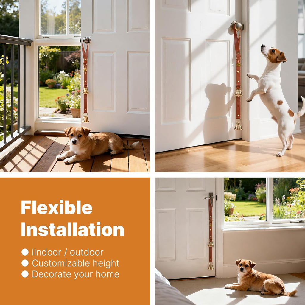 Dog using potty training bell on interior door