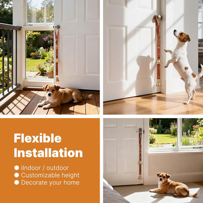 Dog using potty training bell on interior door