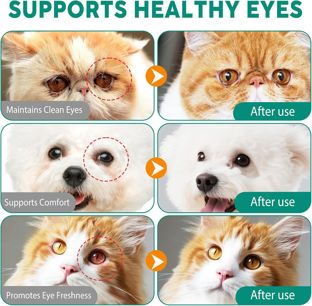Natural pet tear stain remover solution showing before and after results.