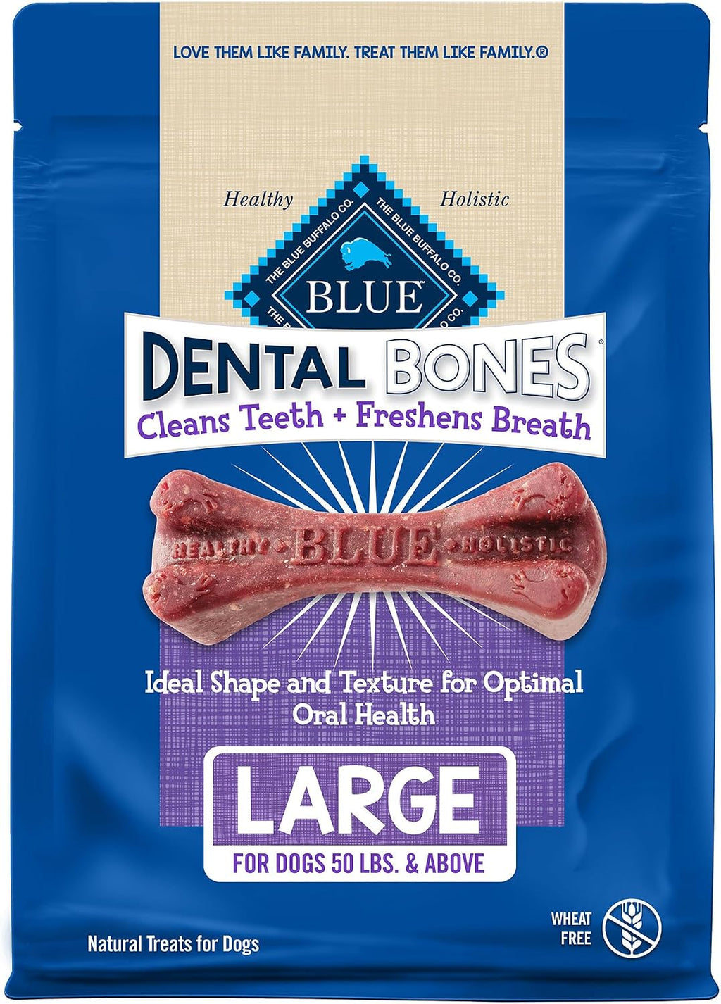 Side angle view of the thirty six ounce bag of wheat free dental chews for large dogs.