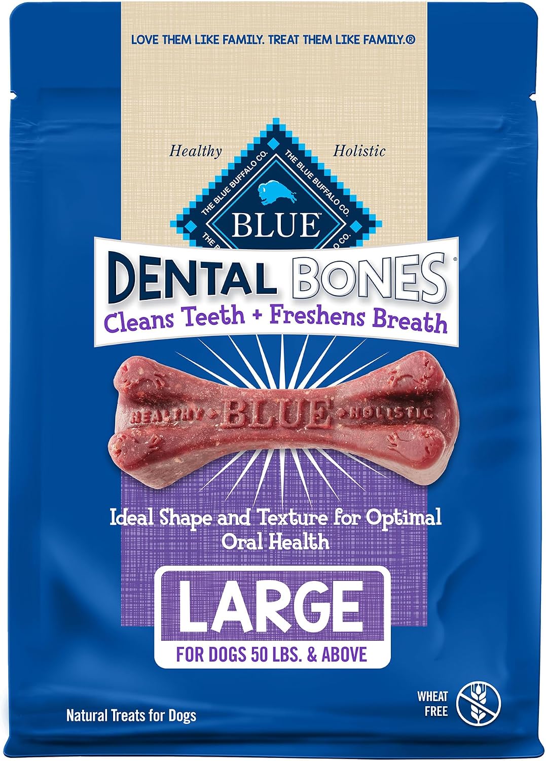 Side angle view of the thirty six ounce bag of wheat free dental chews for large dogs.