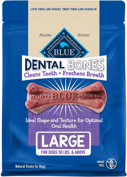 Side angle view of the thirty six ounce bag of wheat free dental chews for large dogs.
