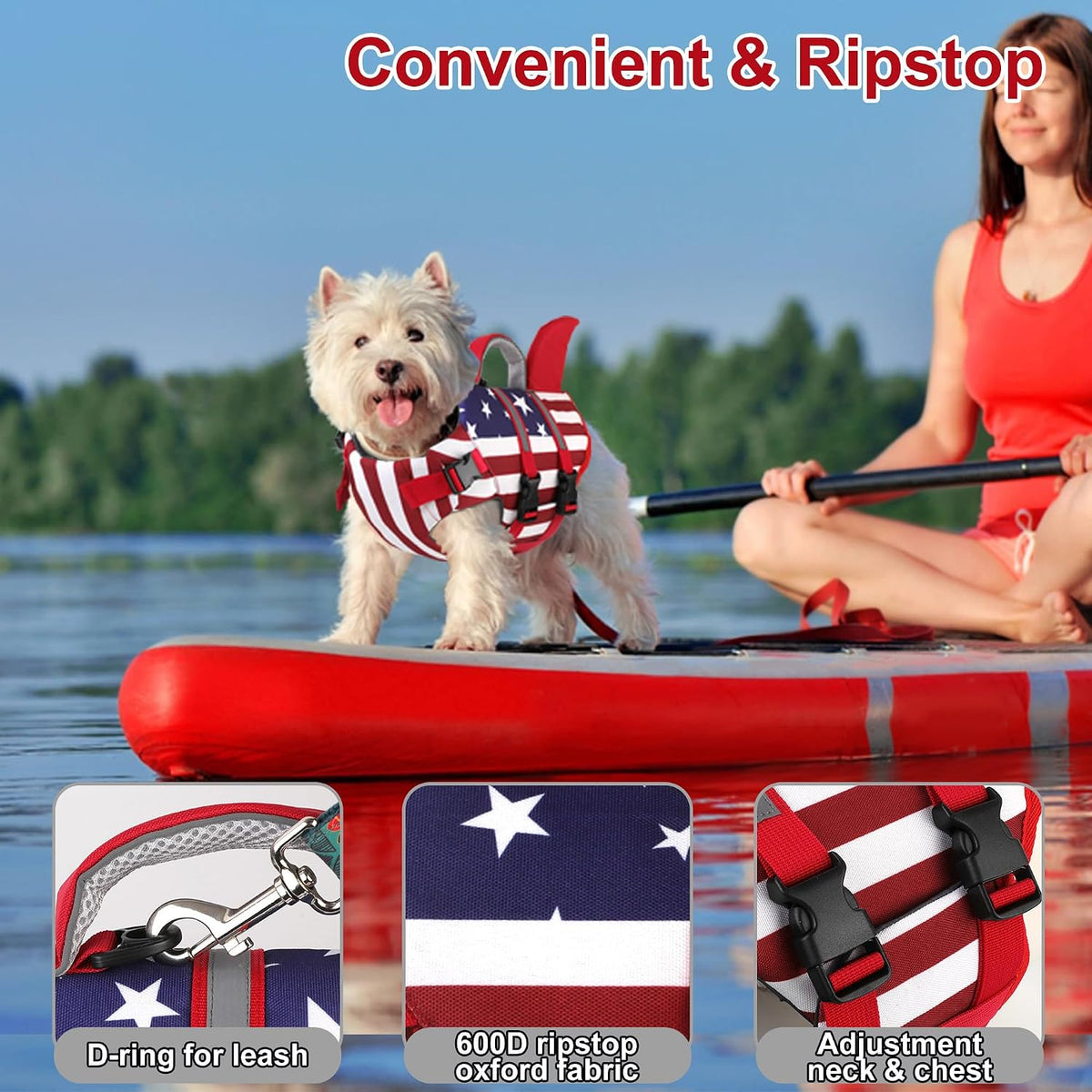 Durable nylon top handle and leash ring detail on the Dogcheer shark fin pet preserver.