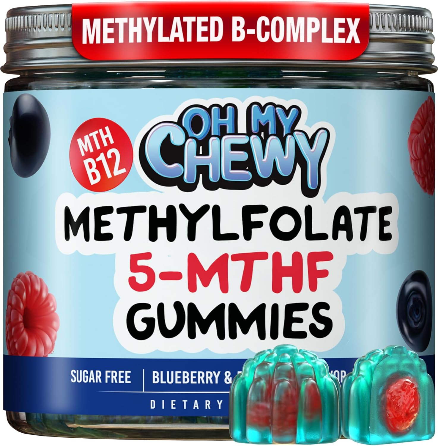 OH MY CHEWY Center Filled L Methylfolate 5 MTHF Sugar Free Gummies front view bottle showing 60 count label