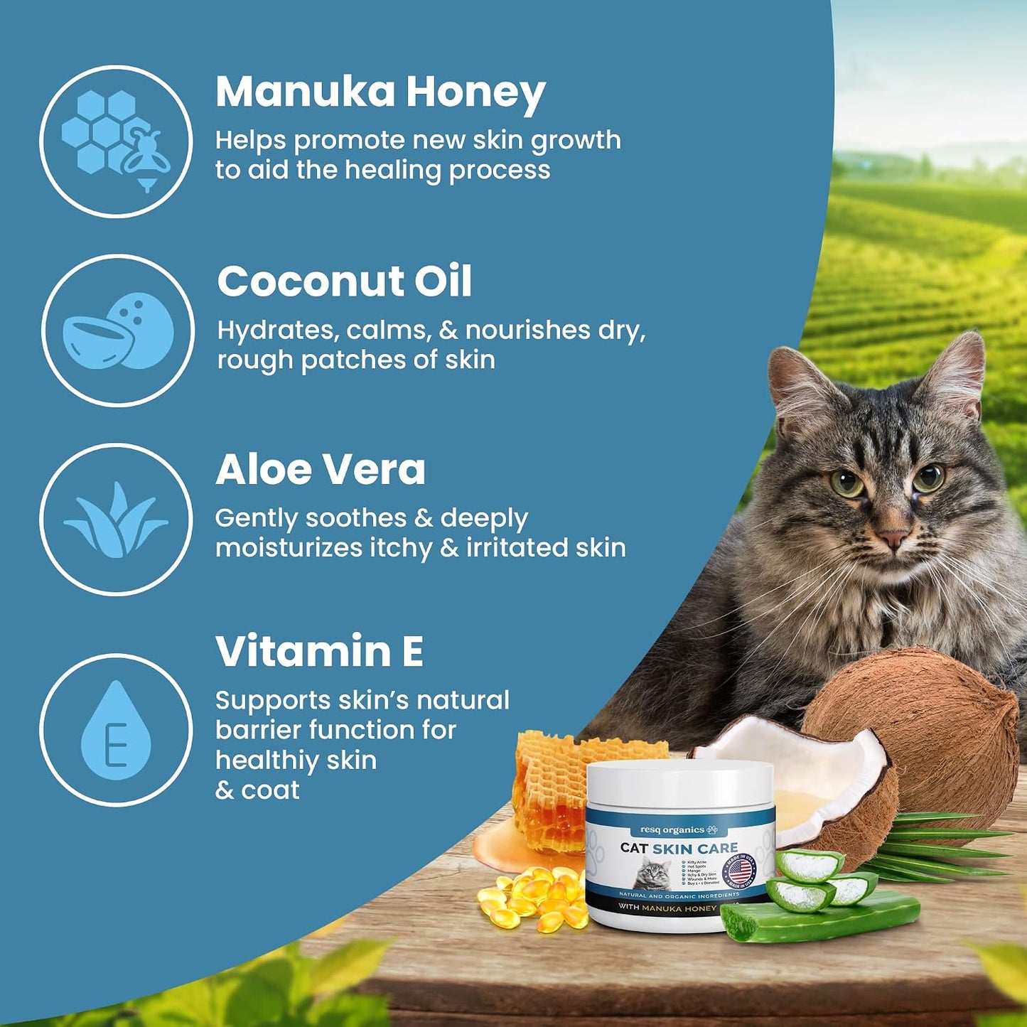 ResQ Organics cat hot spot treatment ointment showing natural manuka honey ingredients