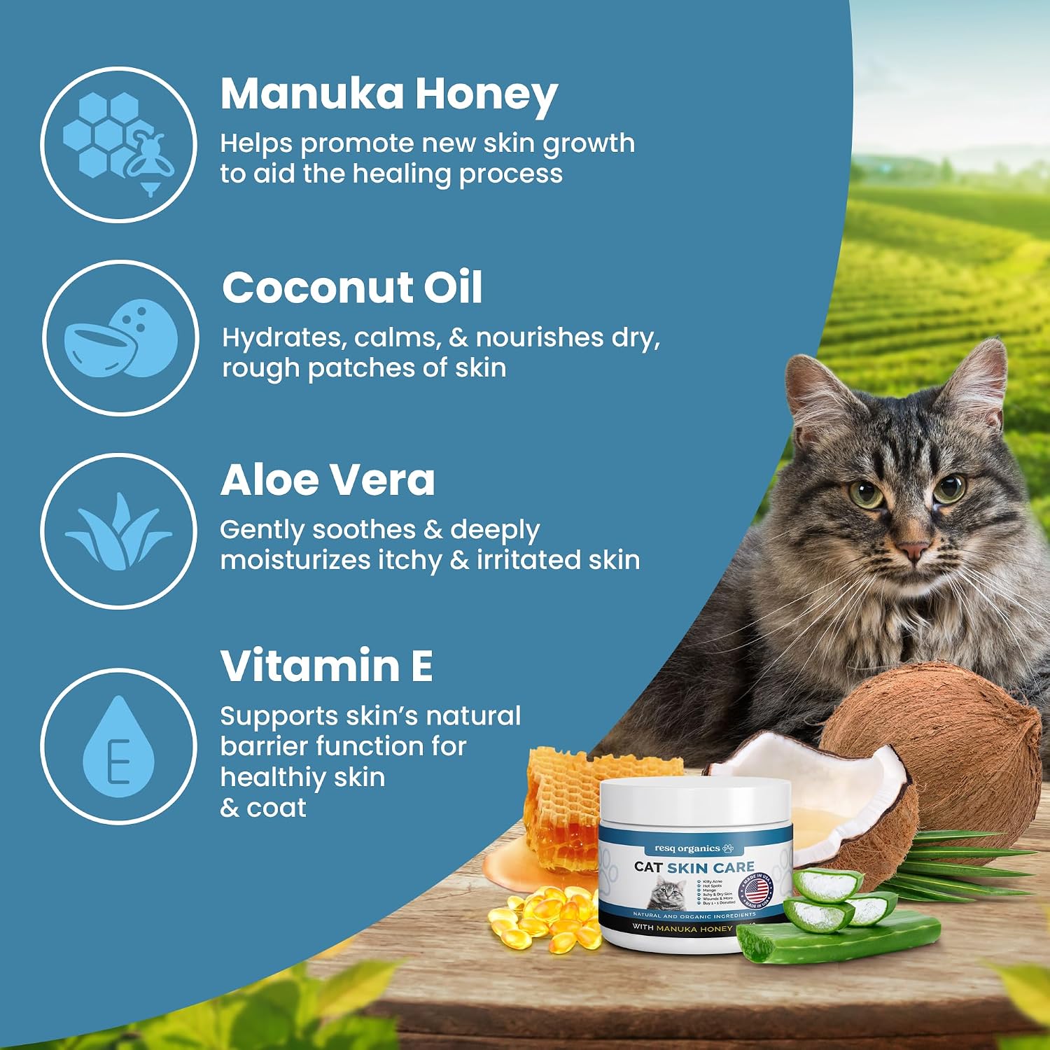 ResQ Organics cat hot spot treatment ointment showing natural manuka honey ingredients