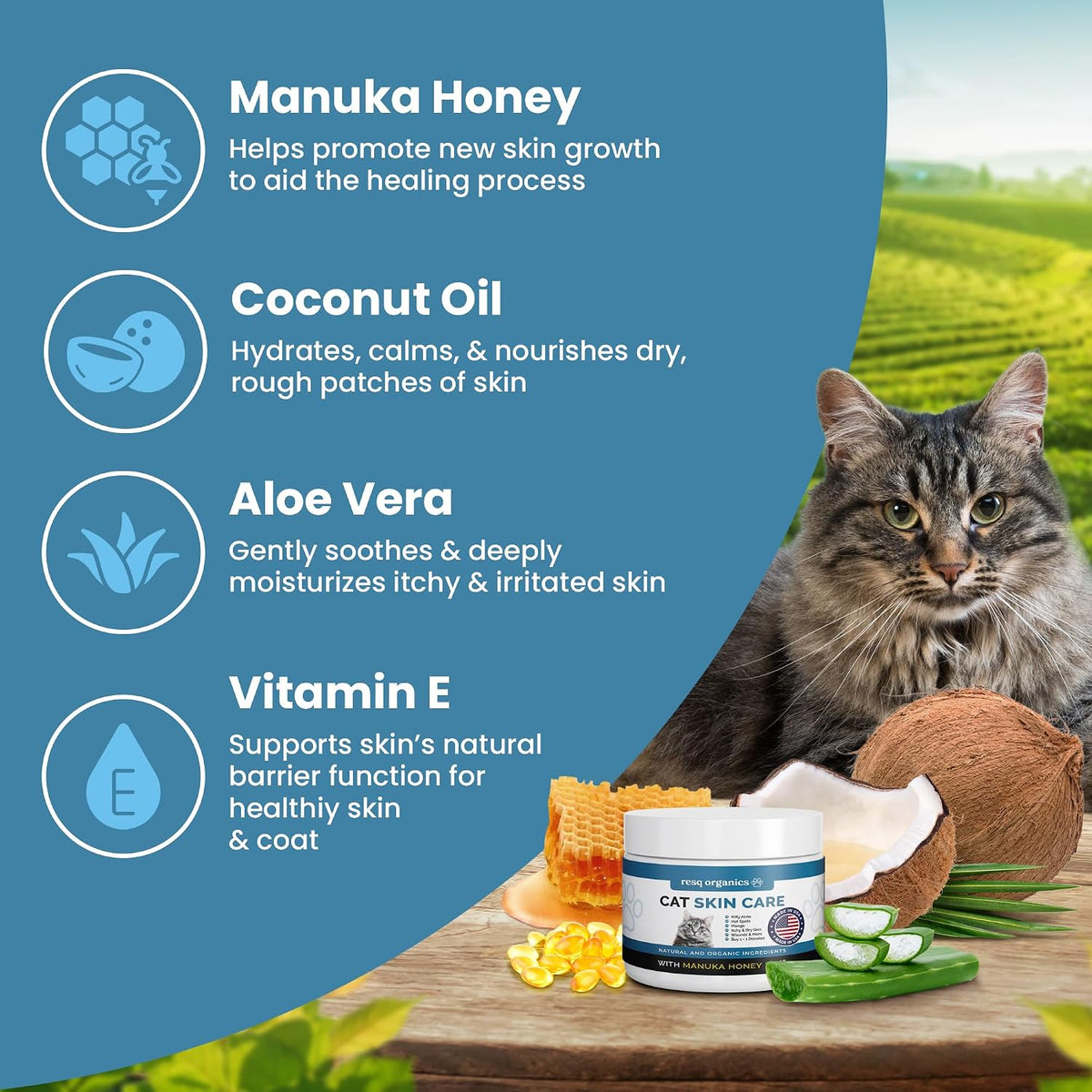 ResQ Organics cat hot spot treatment ointment showing natural manuka honey ingredients