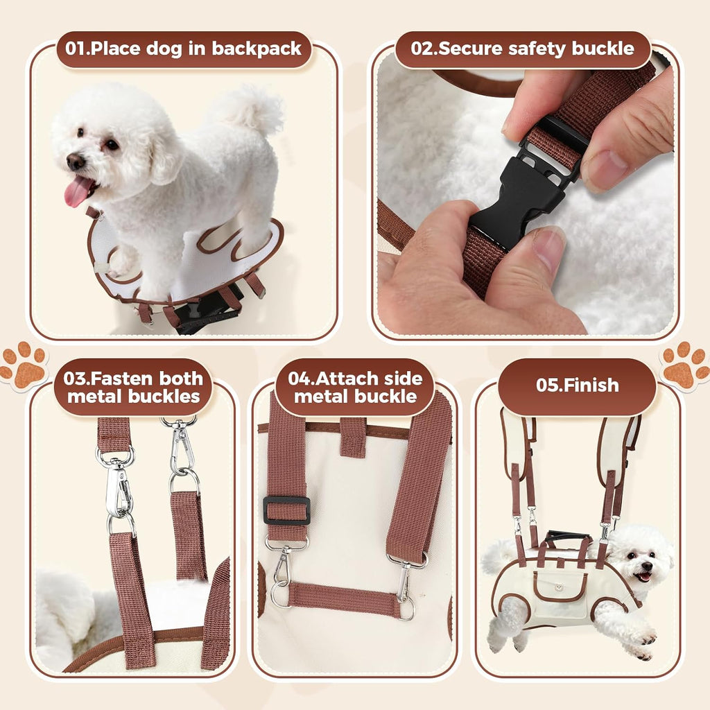 Atiansen portable pet harness carrier illustrating the front pack placement for optimal weight distribution while hiking.