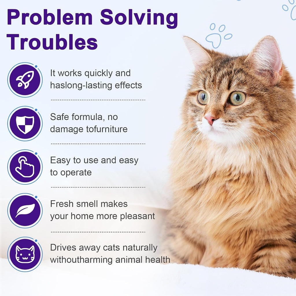 Natural plant-based cat deterrent spray for home and garden use.