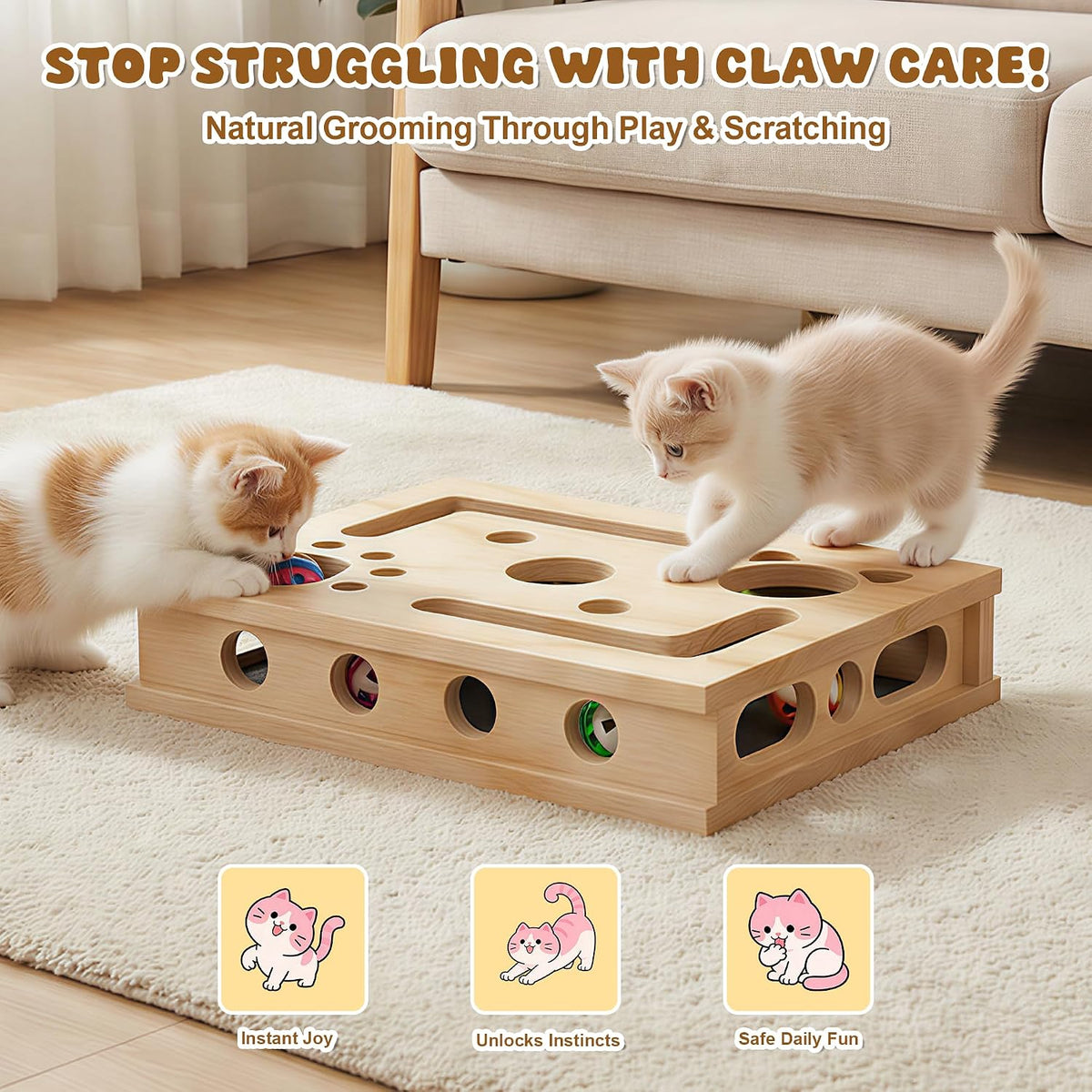 Solid wood cat scratcher box with replaceable sandpaper filing pad close up