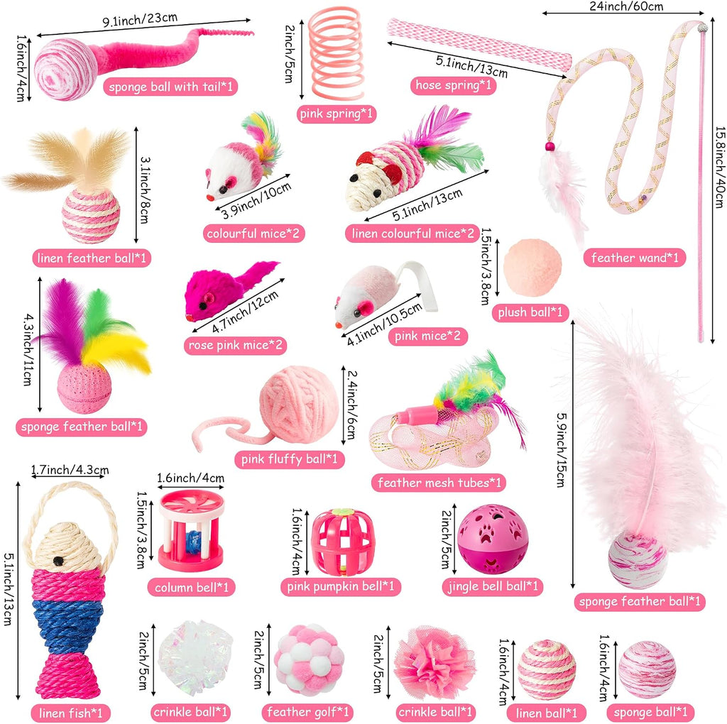 Close up of pink dream themed feline chase toys for multi cat households