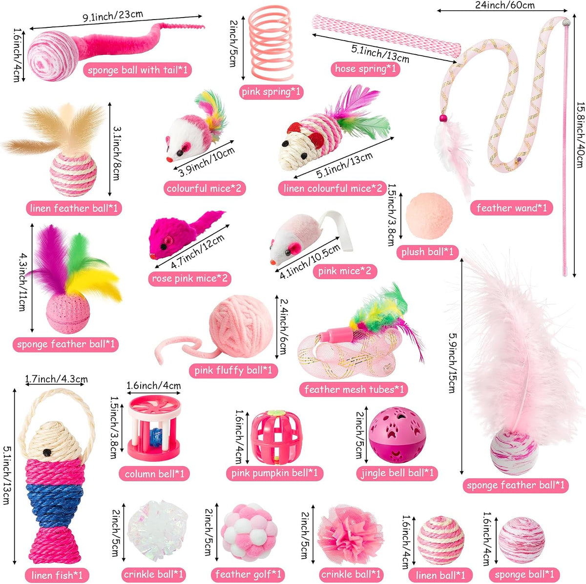 Close up of pink dream themed feline chase toys for multi cat households