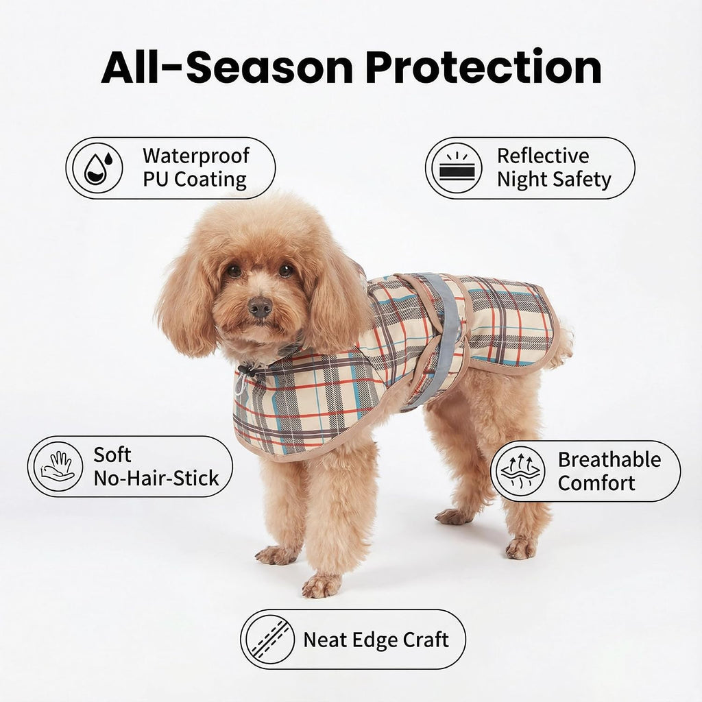 Windproof small dog rain coat showing the integrated safety reflective stripes