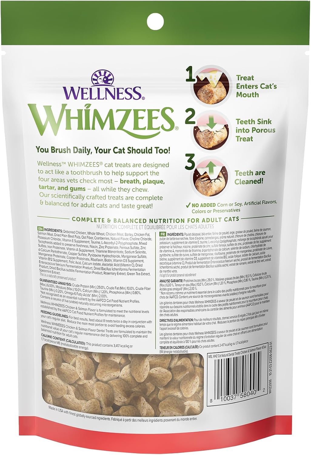 Wellness Whimzees cat crunchy dental treats nutritional information label