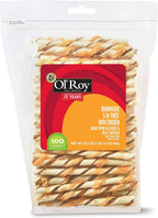 Back of the Ol' Roy rawhide dog treats package displaying feeding guidelines and product details
