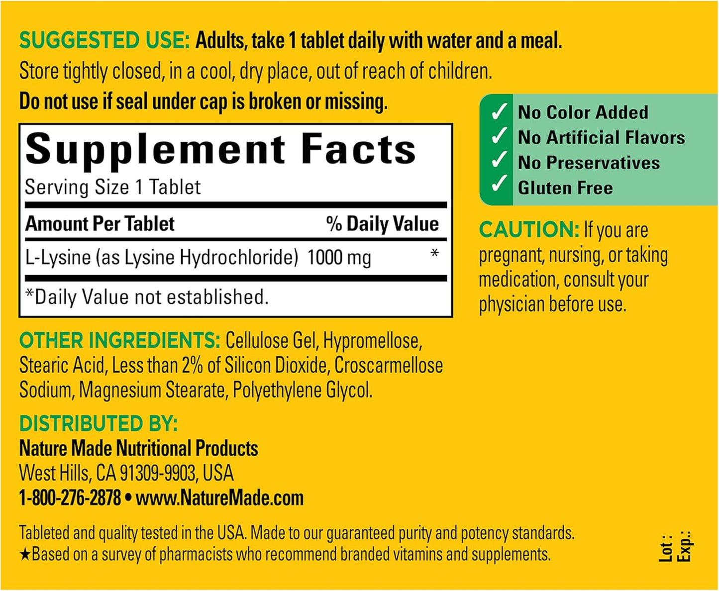 Side profile of Nature Made L-Lysine bottle highlighting FSSAI importer compliance information