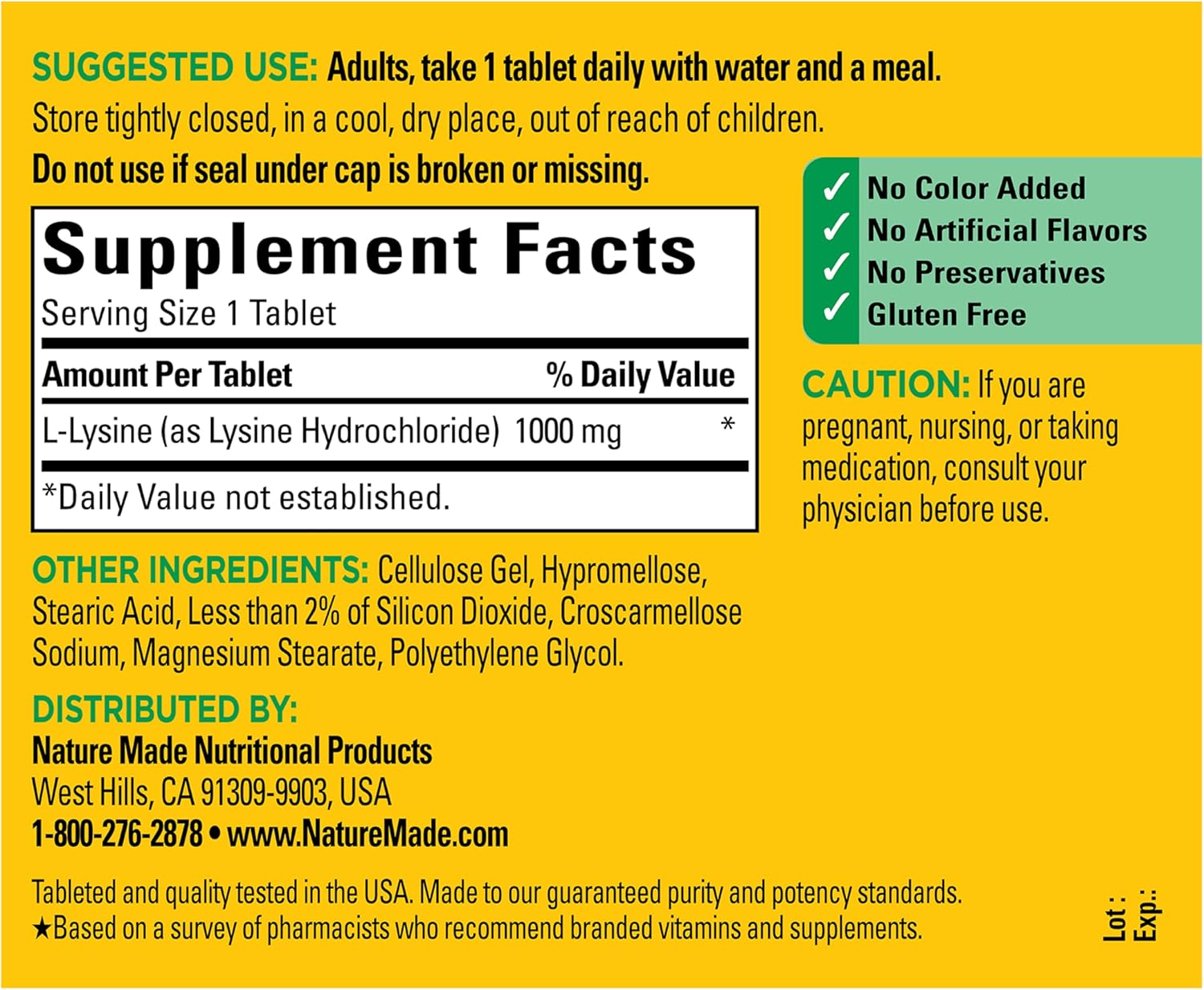 Side profile of Nature Made L-Lysine bottle highlighting FSSAI importer compliance information