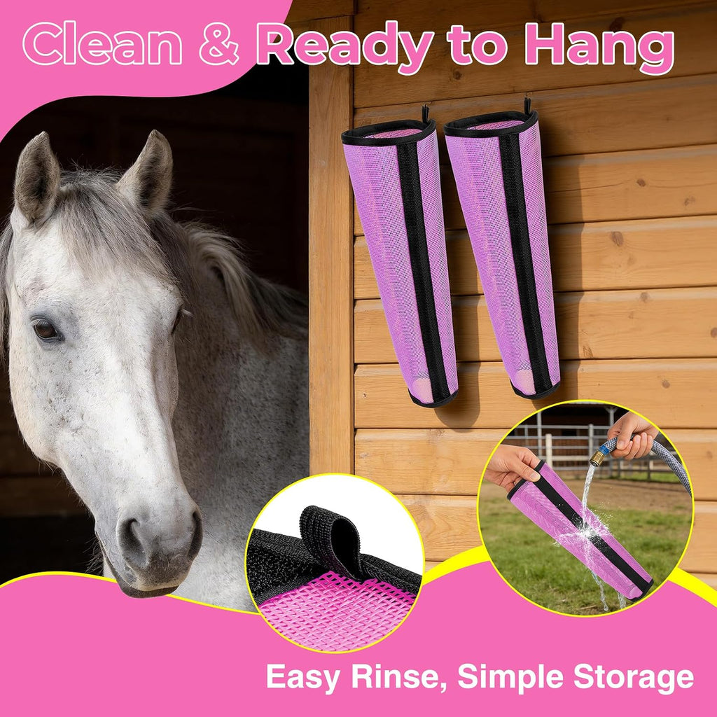 Outdoggy horse protective gear installed on all four legs of a medium horse