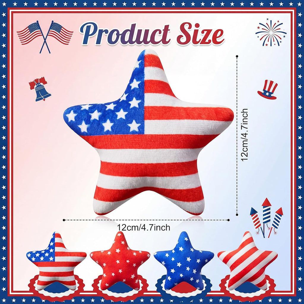 Close up of patriotic plush star dog toy with squeaker feature