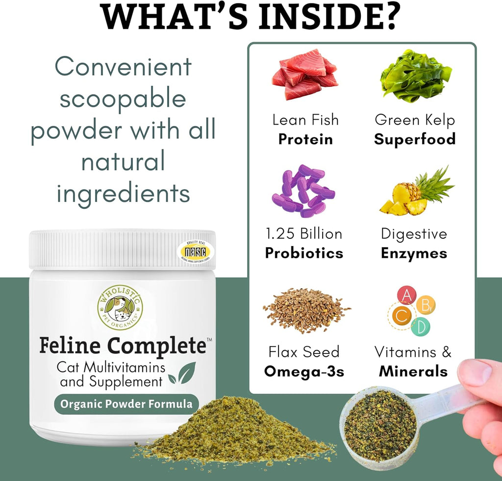 Wholistic Pet Organics Feline Complete nutritional facts panel and ingredients