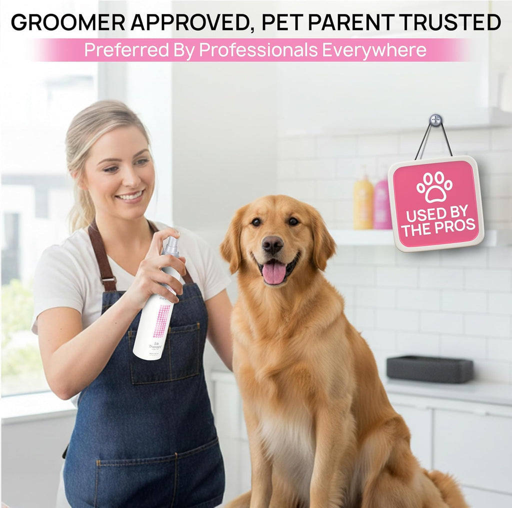 Protein rich silk infused dog detangler spray bottle back label details.