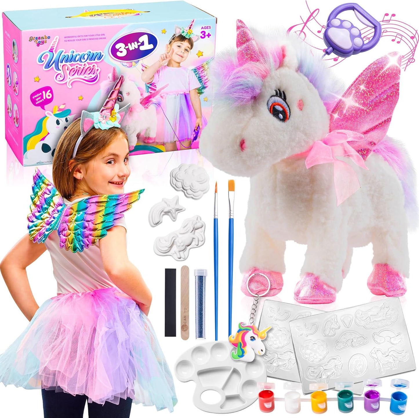 Greenbo interactive remote control unicorn toy front view showing plush fabric and pink light up wings