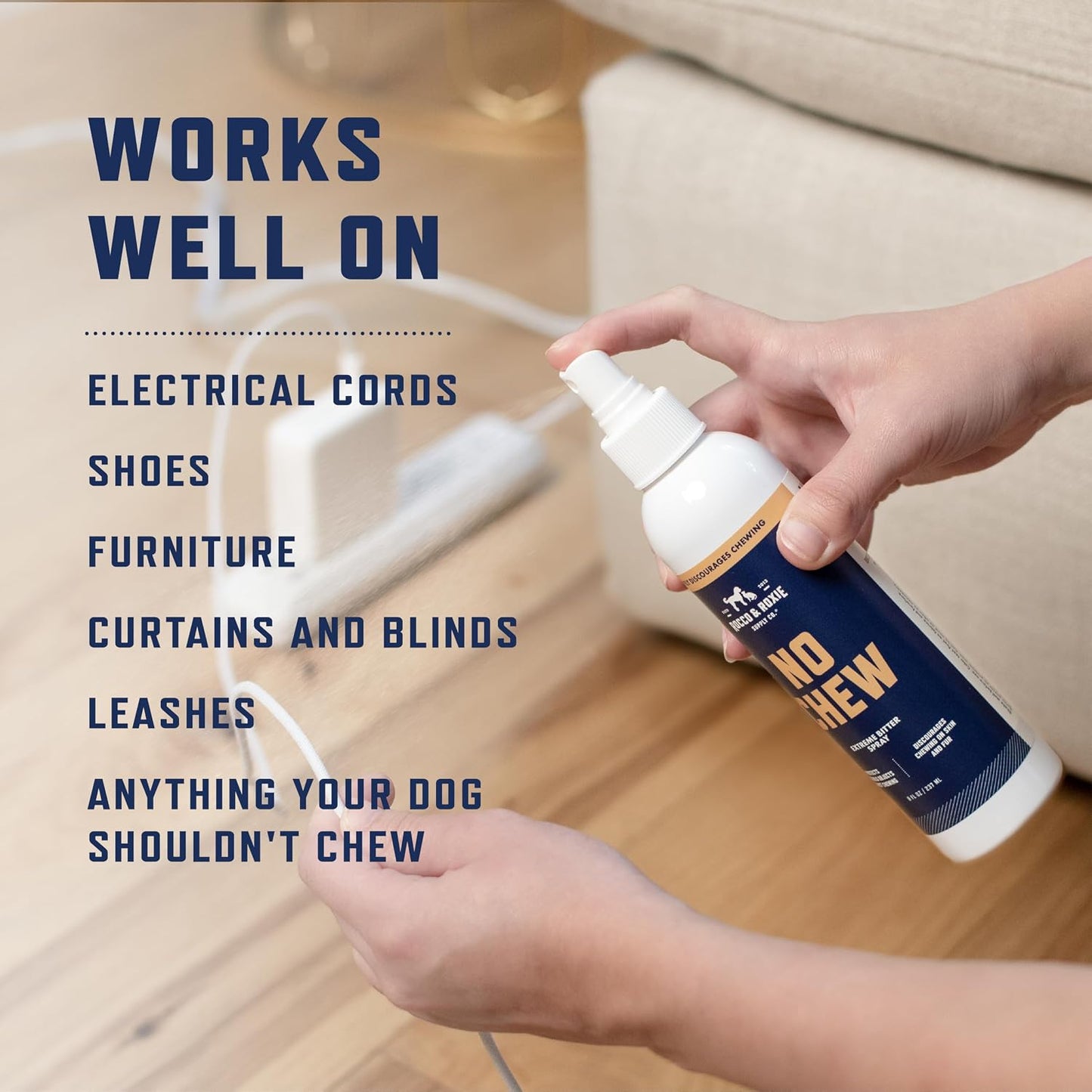 Rocco and Roxie dog training spray application on furniture