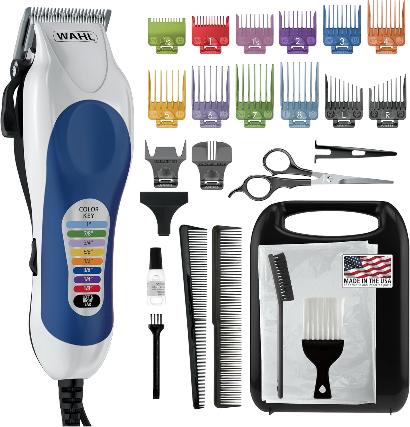 Wahl Color Pro Complete Haircutting Kit front view displaying the blue corded clipper and color-coded guide combs.