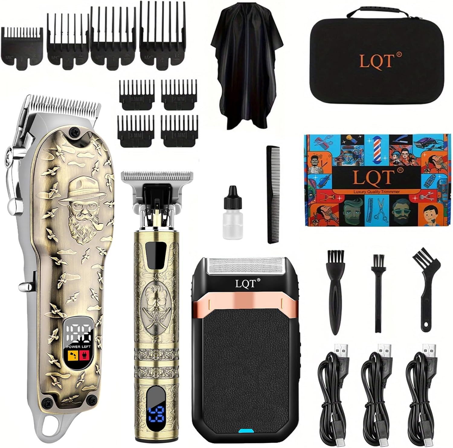 LQT Professional Hair Clippers Set front view showing the bronze embossed metal body and active LED display screen.