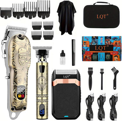 LQT Professional Hair Clippers Set front view showing the bronze embossed metal body and active LED display screen.