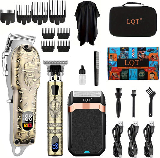 LQT Professional Hair Clippers Set front view showing the bronze embossed metal body and active LED display screen.